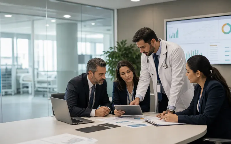 Equipe médica e administrativa em reunião de gestão