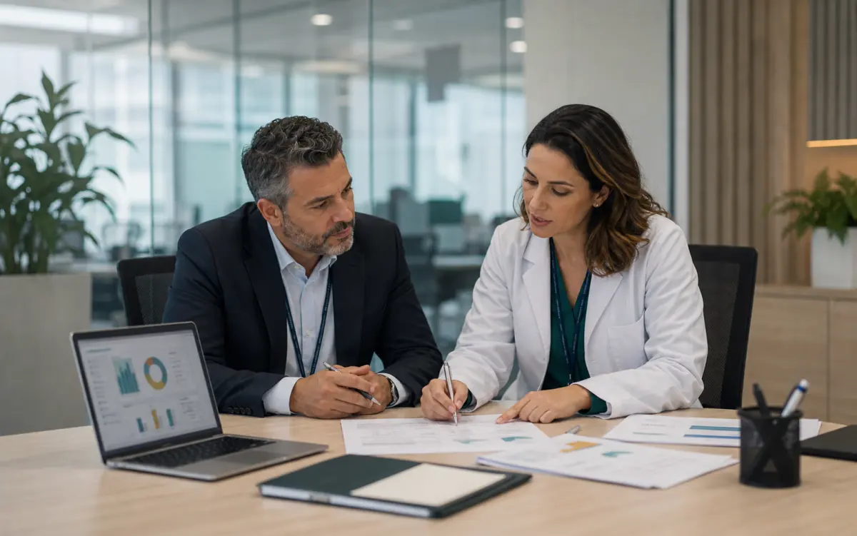Coordenação médica acompanhando equipe com apoio de recursos digitais